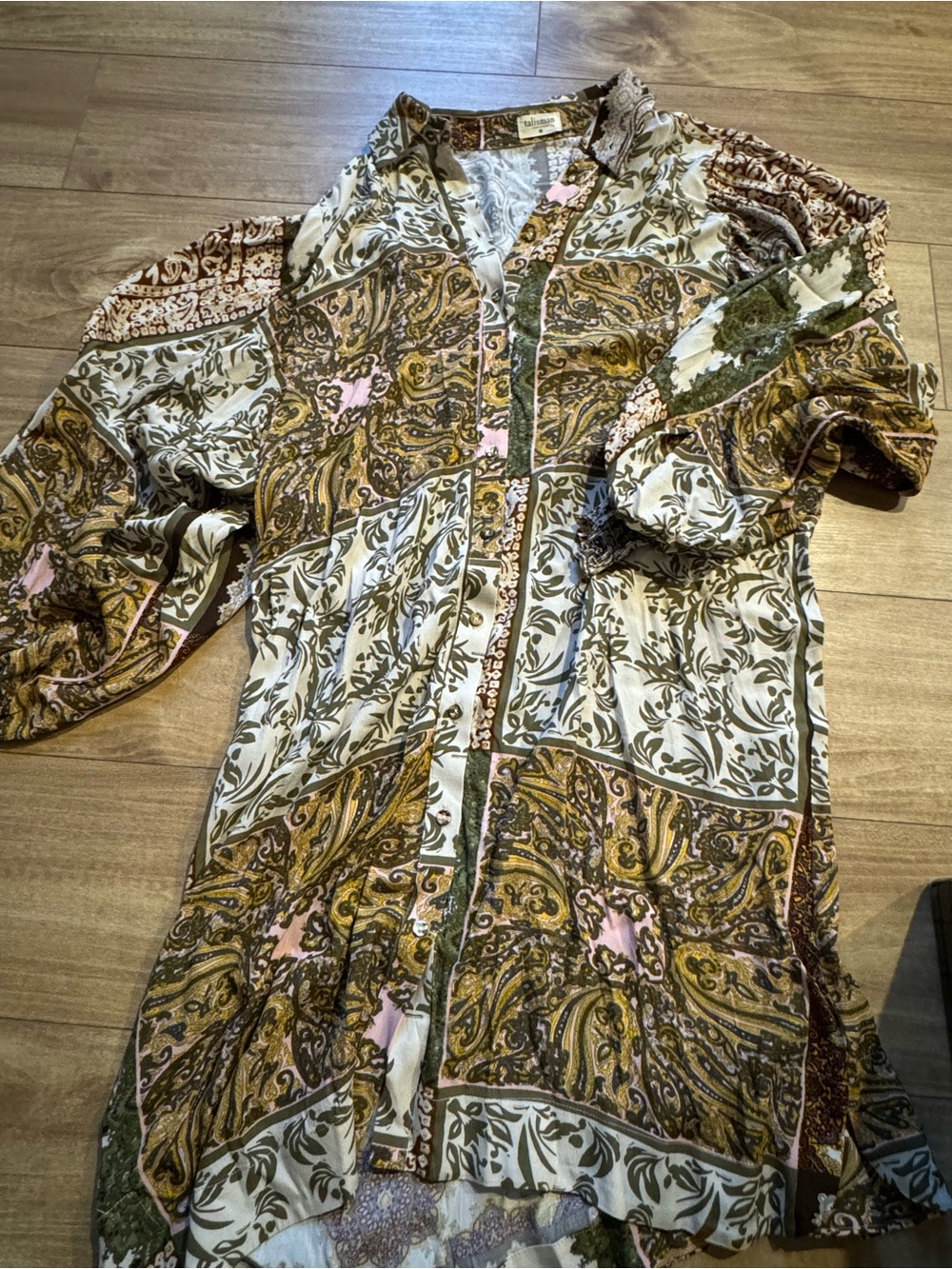 Women's Midi Dress in Olive Green & Cream Paisley Pattern